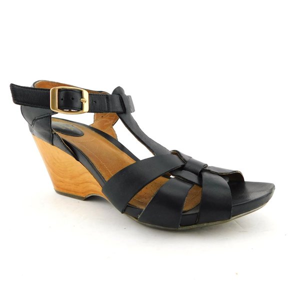 CLARKS ARTISAN Black Leather Wedge Sandals 10 - Picture 2 of 7